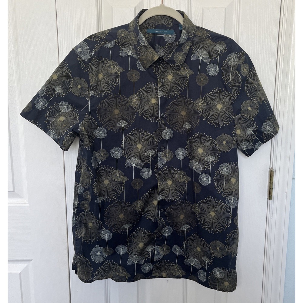 Perry Ellis Mens Dandelions Print Navy Short Sleeve Button Up Shirt Large